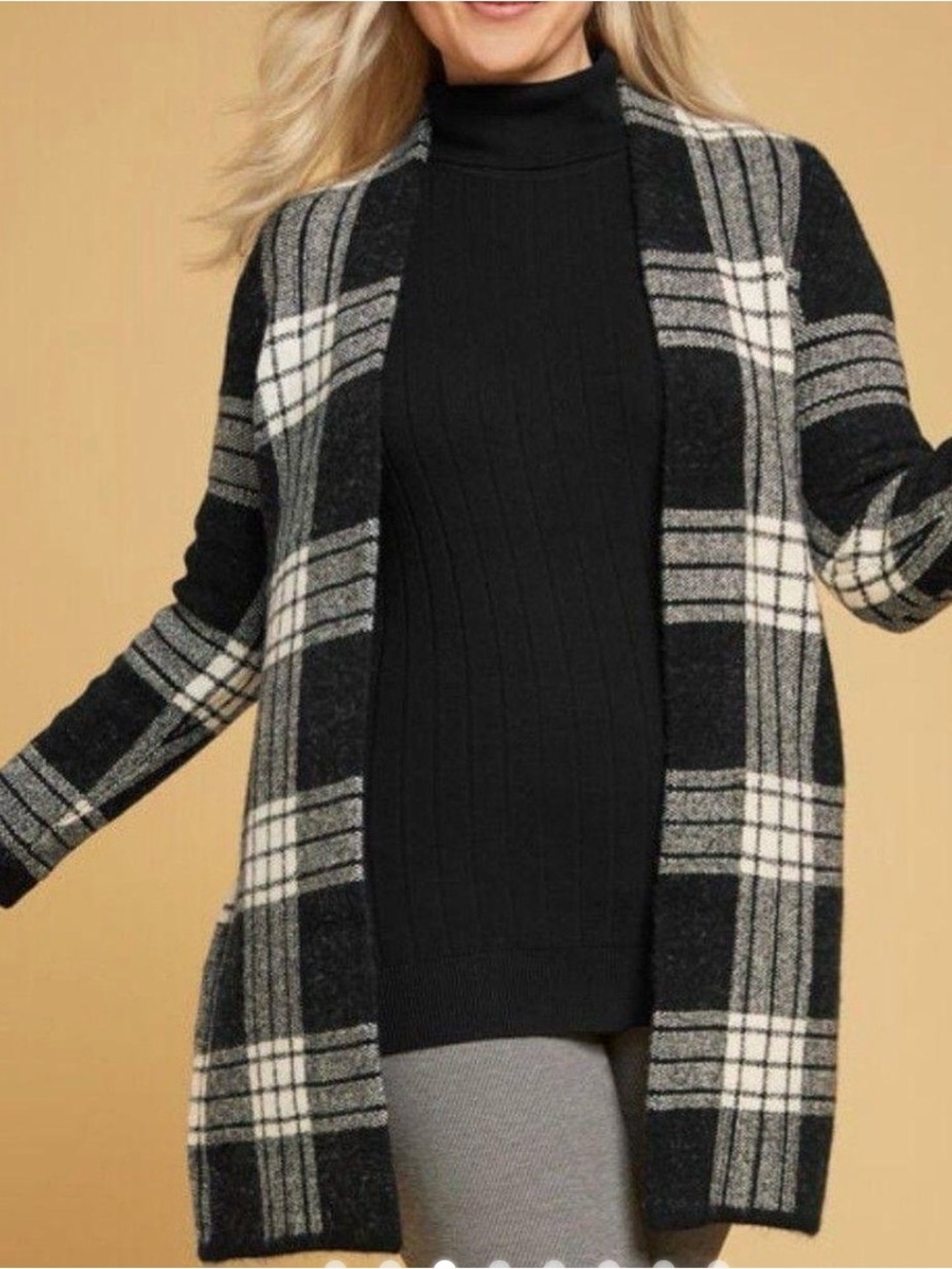 Talbots Black and White Plaid Open-Front Cardigan Sweater Jacket Small